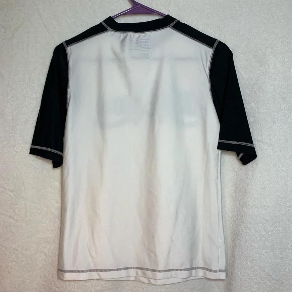 🐶 Old Navy White Tee with Black Raglan Sleeves and Blue Script Logo kid